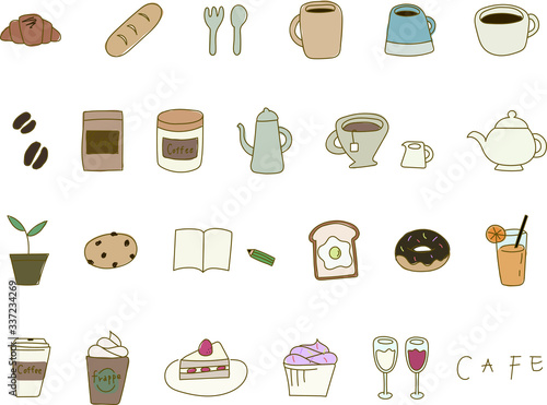 カフェの手描きイラストのセット／かわいい／シンプル