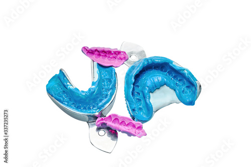 Wallpaper Mural Two dental impressions on a white and blue background. The imprint of the tooth row of high precision and bite registration pieces Torontodigital.ca