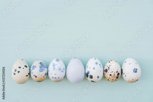 Beautiful colorful quail eggs on pastel light blue background.