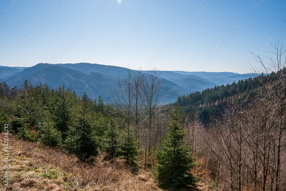 Beautiful view of mountains covered with spruces and dam in valley, Czech Beskydy