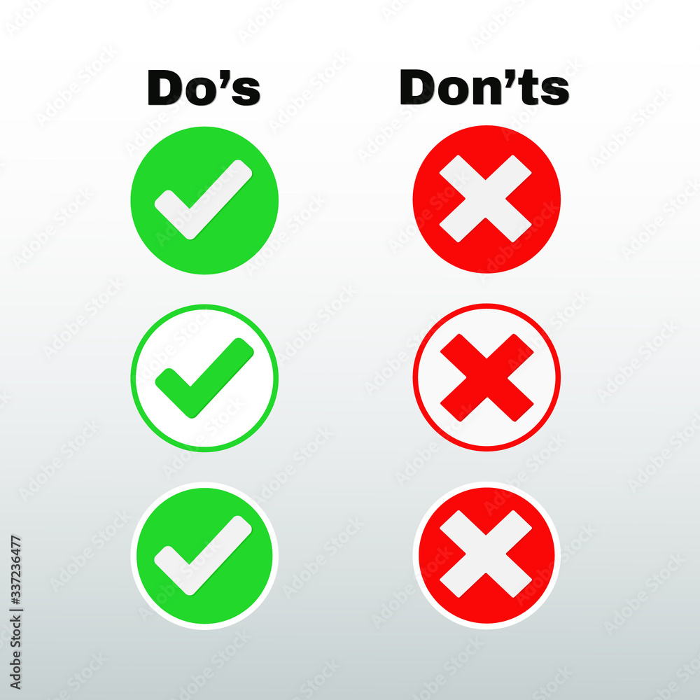 Do's and Don'ts sign icon in flat style. Correct and Incorrect symbols on red and green icons. Do's and Don'ts sign icon in flat style. Correct and Incorrect symbols on red and green icons.