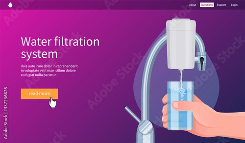 Water filtration concept. Hand holds a glass of water. Realistic vector illustration
