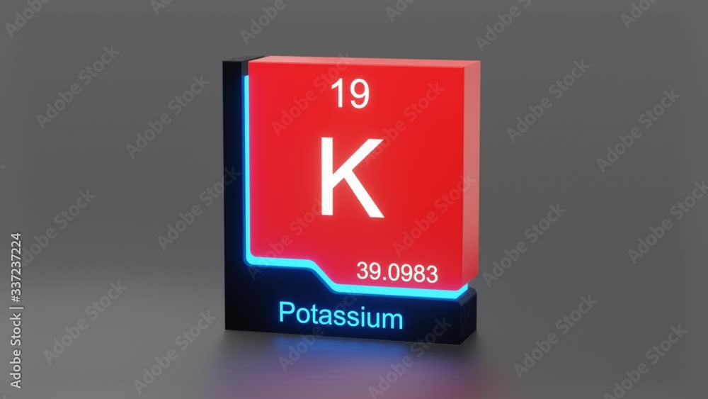 Potassium, periodic table element 3D animation, modern educational red icon with blue neon light Potassium, periodic table element 3D animation, modern educational red icon with blue neon light