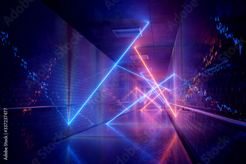 Glowing blue and orange neon light tubes in long dark underground tunnel reflecting on walls and floor 3D rendering