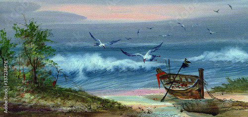 hand painted original impressionism masterpieces painter watercolor painting sandy beach breeze old fishing boat flying birds and countryside	