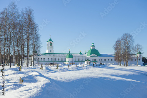 View of the Holy Trinity Alexander-Svirsky Monastery on a sunny February day. Leningrad region, Russia
