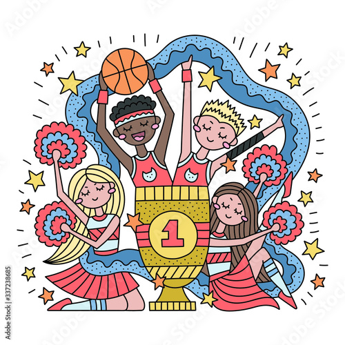 Basketball team. Cheerleaders with pompons. Winner's cup. University team in sports uniform. School competition. Sport team. Isolated on white background. Vector illustration