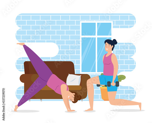 women exercising in the house scene vector illustration design