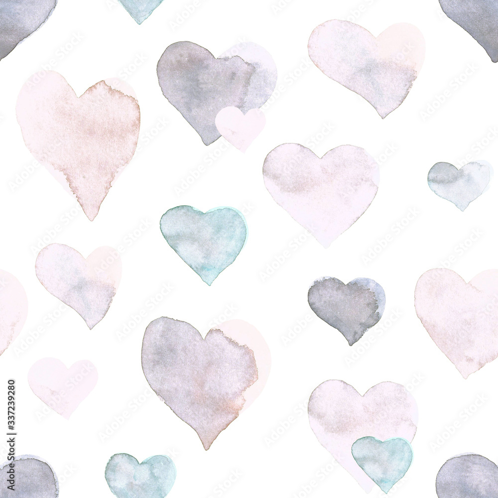 Seamless heart pattern. Hand painted watercolor. Graphic design element for web sites, stationary printables, fabric, scrapbooking etc.