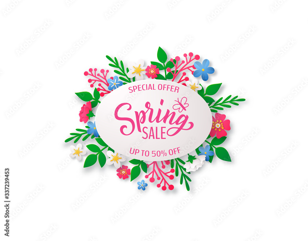 Spring vector background with paper cut flowers and geometric frame and hand drawn lettering.