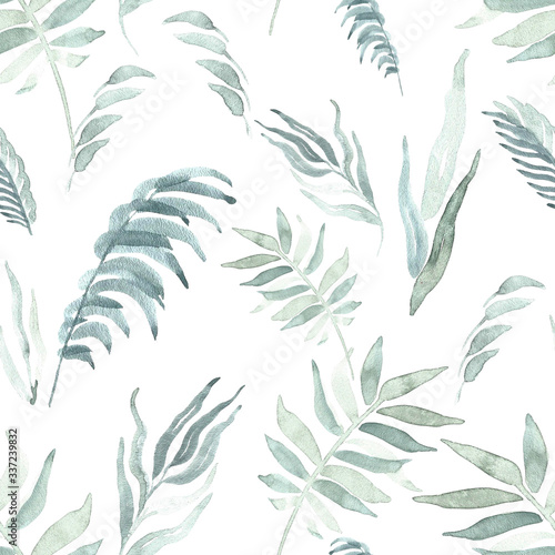 Fototapeta Naklejka Na Ścianę i Meble -  Green tropical palm leaves seamless watercolor pattern on the wight background.Trendy summer print.