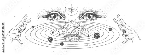 Modern magic witchcraft card with solar system and fortune teller eyes. Hand drawing occult illustration