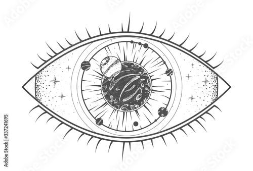 Modern magic witchcraft card with solar system and all-seeing eye. Hand drawing occult illustration