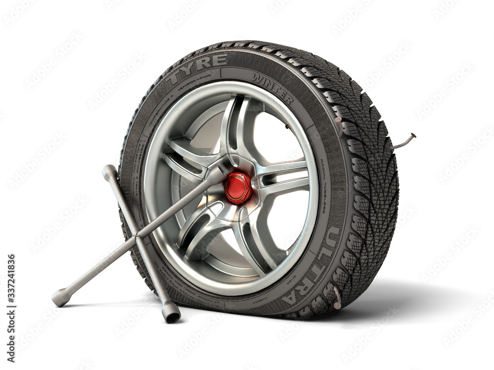 Obraz premium tire fitting concept a wheel punched with a nail and a balloon key next to it 3d render on white