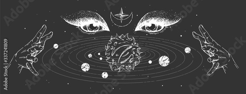 Modern magic witchcraft card with solar system and fortune teller eyes. Hand drawing occult illustration