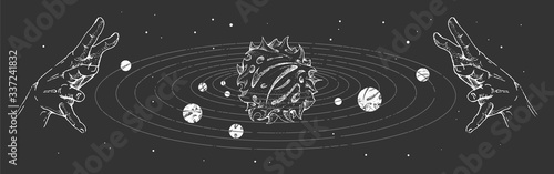 Modern magic witchcraft card with solar system and human hands. Hand drawing occult illustration