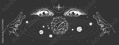 Modern magic witchcraft card with solar system and fortune teller eyes. Hand drawing occult illustration