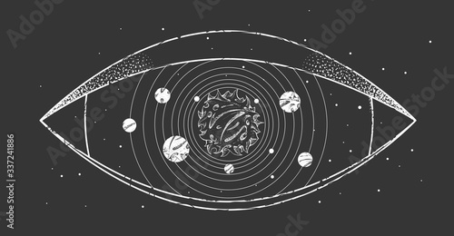 Modern magic witchcraft card with solar system and all-seeing eye. Hand drawing occult illustration