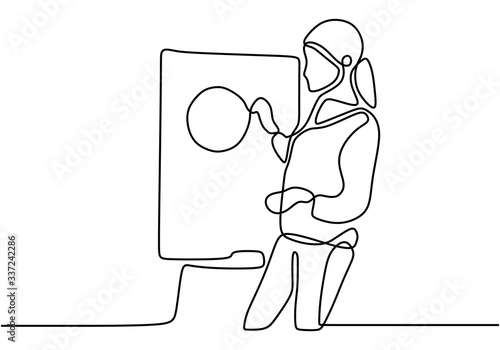 continuous line drawing of business presentation. Woman explain the presentation with whiteboard. Business trainer talking. Vector illustration