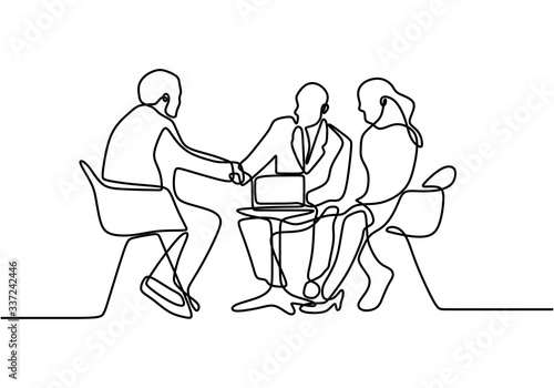 continuous line drawing of work team having meeting. Business meeting and discussion. Three persons talking each other. Interested in the business offered