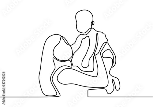 Happy Mother day card. Continuous one line drawing. Mom with a baby. Mom smiles happily with her child. Vector illustration