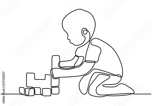Continuous line of boy sitting and playing happily to plastic construction toy blocks. Playing blocks. Learn to arrange blocks. Vector illustration