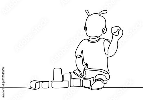 Continuous one single line drawn little children playing in the room in the children's toys. Kid sit and plays toy. Children's fun playing a toys. Kid, fun, child, cute, childhood concept.