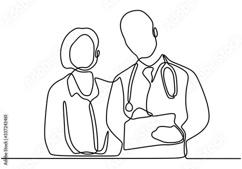 One continuous line drawing doctor diagnosing illness while reading patient medical records.