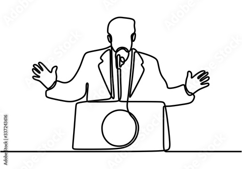 continuous line drawing of business coach talking before audience. Speech about ideas. Presentation. One single line drawn character politics speaker. Vector illustration