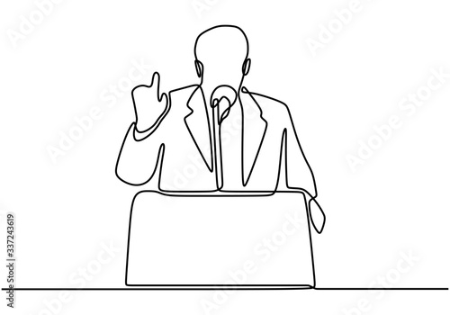 Continuous one single line drawn character politics of business coach speaking. Politician giving a speech conveys his vision and mission. Political meeting, speech. Political meeting, speech.