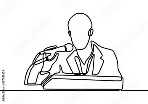 Continuous one single line drawn character politics of business coach speaking. Politician giving a speech conveys his vision and mission. Political meeting, speech. Political meeting, speech.