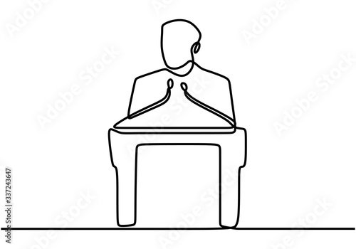One continuous single drawn line art doodle conference. Speech concept with a man on podium, vector illustration minimalism.