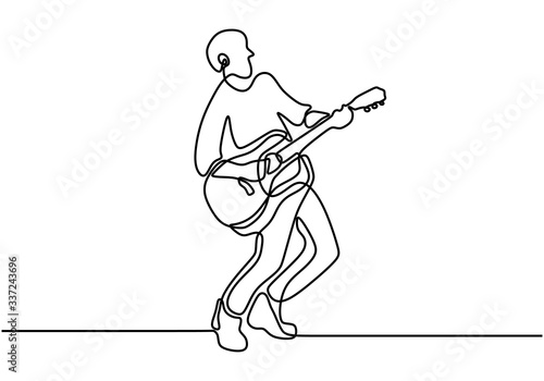 Continuous lines man playing guitar. Playing guitar and singing the song. Professional guitarist. Love music. Guitar instruments, instrumental music, simple style, hand-drawn vector illustration