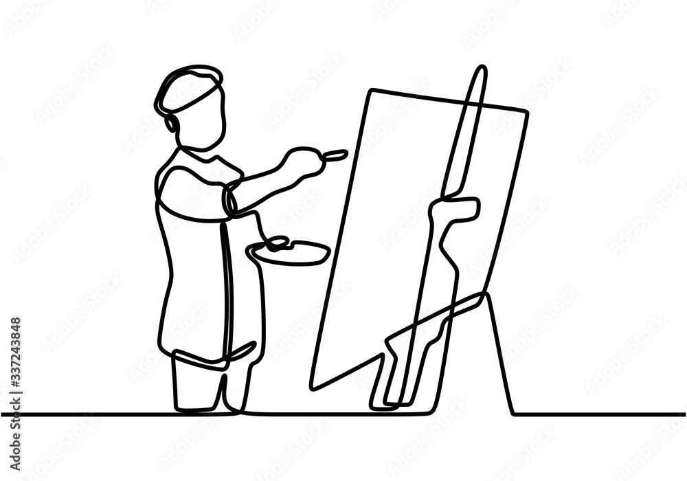 One line drawing of painter artist. A man standing painting an artwork