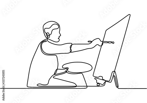 One line drawing of painter artist. A man standing painting an artwork on canvas. Man holding paint brush. Meaningful abstract paintings. Continuous hand drawn minimalism.