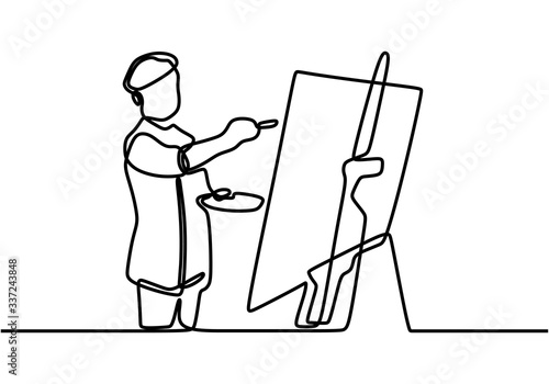 One line drawing of painter artist. A man standing painting an artwork on canvas. Man holding paint brush. Meaningful abstract paintings. Continuous hand drawn minimalism.