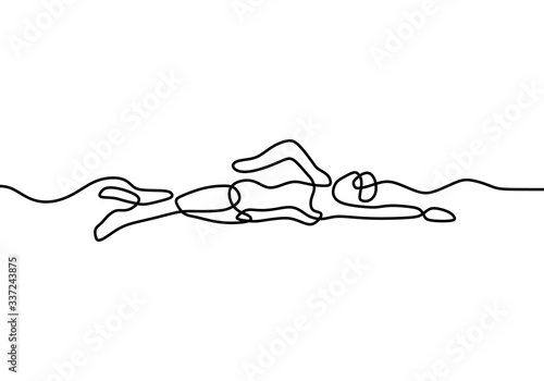 Continuous line drawing of people swimming. Water sport, summer holiday theme. Vector illustration minimalist design.