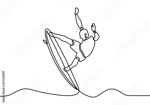 Continuous line drawing, a man standing on surfboard. Surfing sport theme. Summer holiday activity with artistic contour hand drawn, vector illustration simplicity and minimalism style.