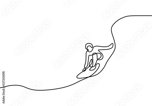 Continuous line drawing, a man standing on surfboard. Surfing sport theme. Summer holiday activity with artistic contour hand drawn, vector illustration simplicity and minimalism style.