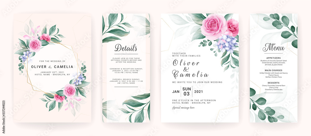 Fototapeta premium Wedding invitation card template set with watercolor floral decorations. Flowers arrangements for save the date, greeting, rsvp, thank you, poster. Botanic illustration vector