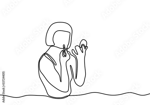 continuous single drawn one line woman getting lipstick in front of the mirror. Part of the human body. Touch up. Lips shape. Lips color. Facial expressions.