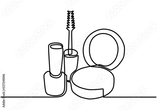 One single line of lipstick, mascara, cream, powder and nail polish.