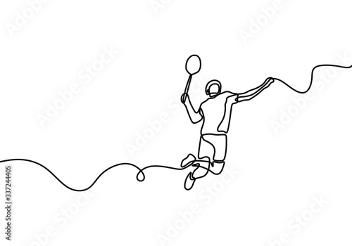 Single continuous line drawing of young agile badminton player. Young professional smash jump. Sport concept. Trendy one line draw design vector illustration for badminton tournament.