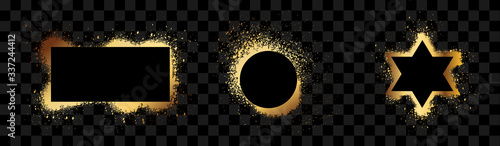 Collection of Gold paint. Spray Paint Elements, Vector brush stroke, Black splashes set, Black grunge with frame, Dirty artistic design elements, ink brush strokes, boxes, lines, frames for text.