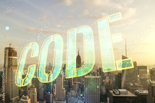 Code word hologram on Manhattan cityscape background, artificial intelligence and neural networks concept. Multiexposure
