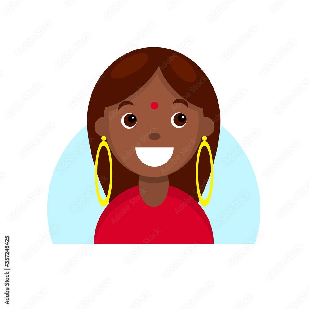 Face of a smiling dark skinned girl. Cartoon portrait of a young indian woman. Avatar character for an icon, logo, hand drawn simple flat. Stock vector illustration isolated on white background. Face of a smiling dark skinned girl. Cartoon portrait of a young indian woman. Avatar character for an icon, logo, hand drawn simple flat. Stock vector illustration isolated on white background.