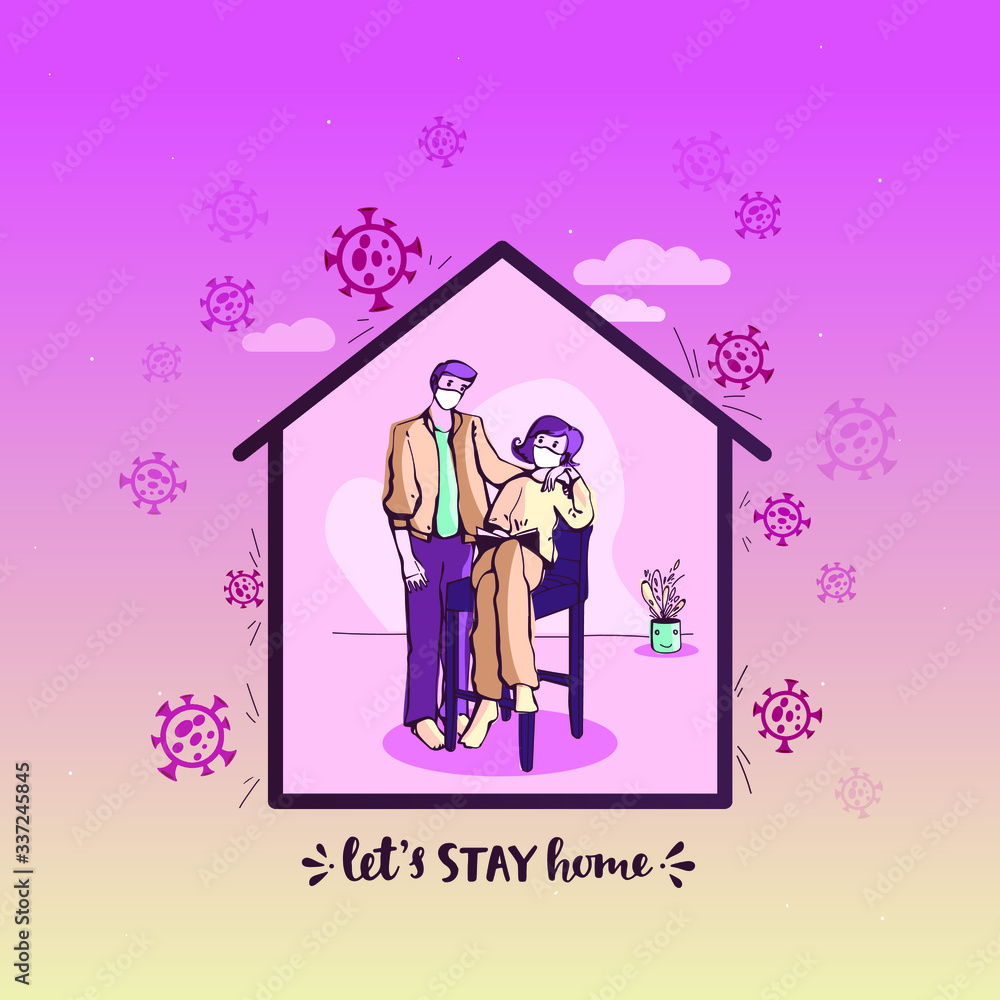 I stay at home awareness social media campaign and coronavirus prevention: family smiling and staying together. colorful coronavirus vector I stay at home awareness social media campaign and coronavirus prevention: family smiling and staying together. colorful coronavirus vector