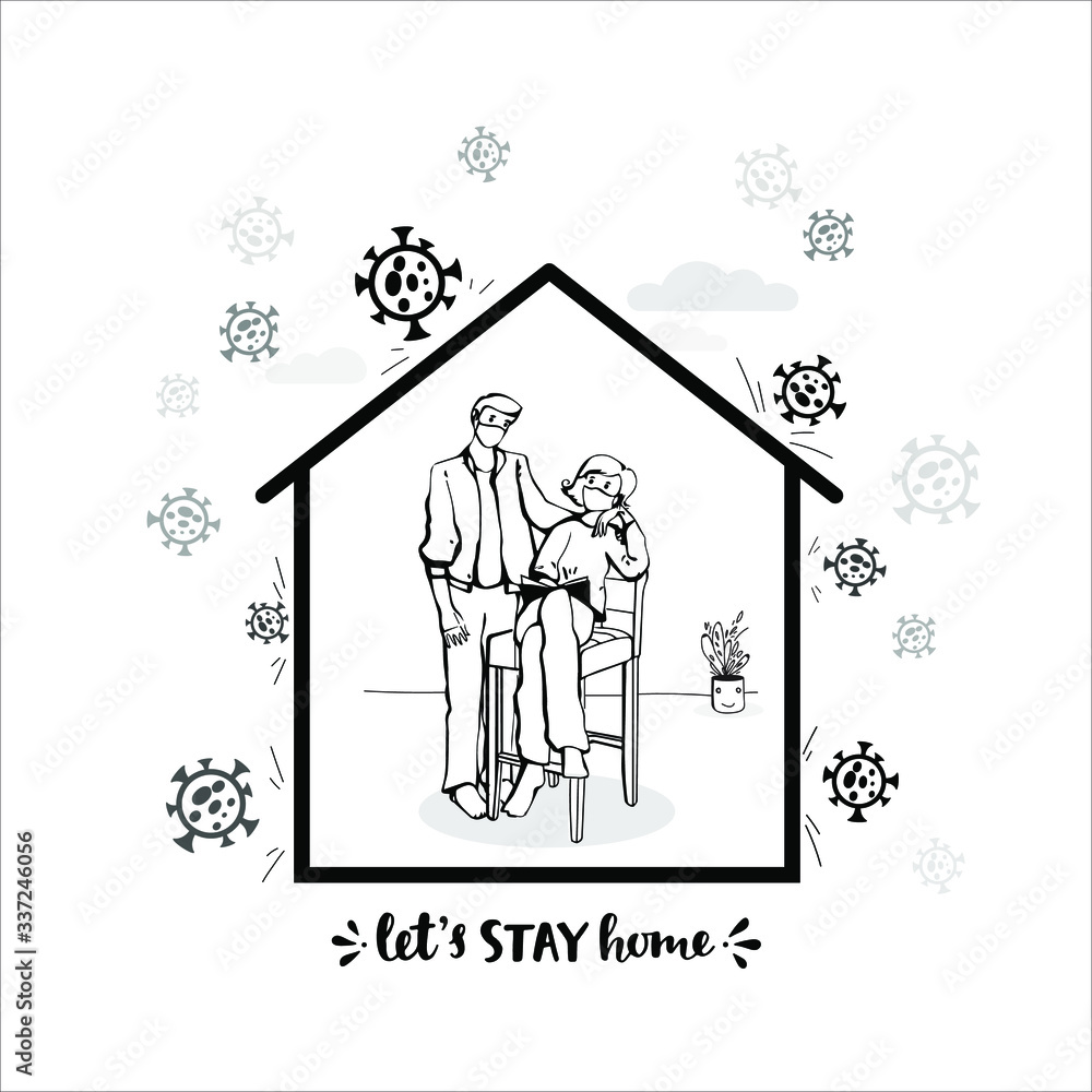 I stay at home awareness social media campaign and coronavirus prevention: family smiling and staying together. linear coronavirus vector I stay at home awareness social media campaign and coronavirus prevention: family smiling and staying together. linear coronavirus vector