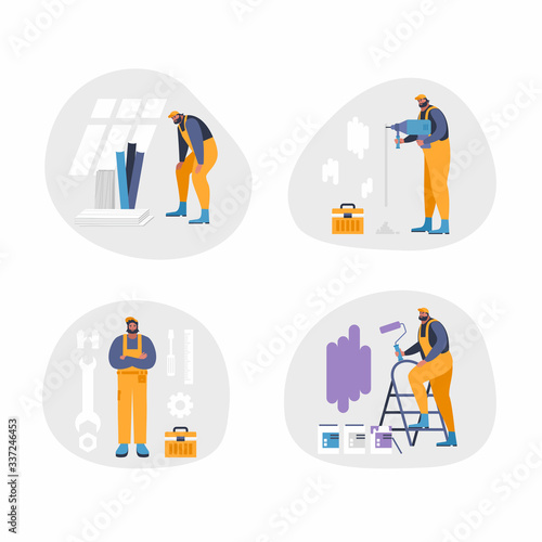 Home repair interior or remodeling vector illustration. Repairman doing renovation at home flat style concept. Work process at room. Special tools and equipment