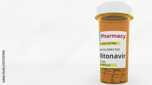 Prescription vial with ritonavir generic drug pills as a possible COVID-19 disease treatment. 3D animation photo